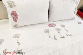 Queen size bed sheet with 2 pillowcases (50x70cm) - hydrangea flower embroidery